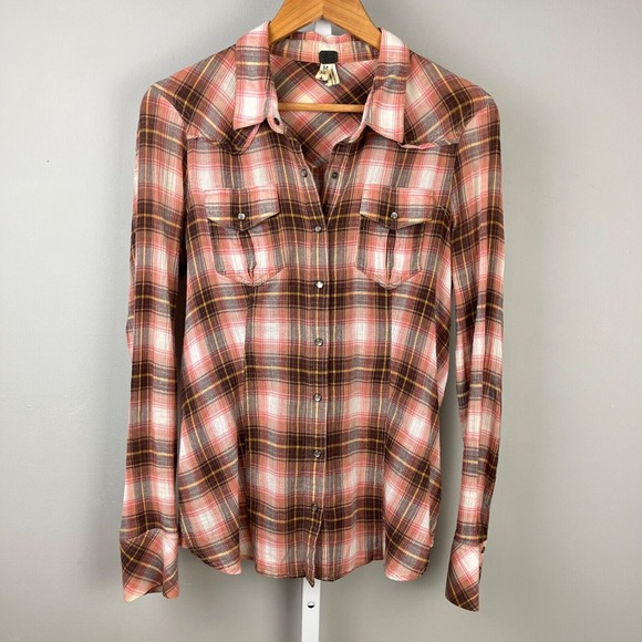 We The Free People Pearl Snap Shirt Top Womens Medium Plaid Lace Up Back - Picture 2 of 5